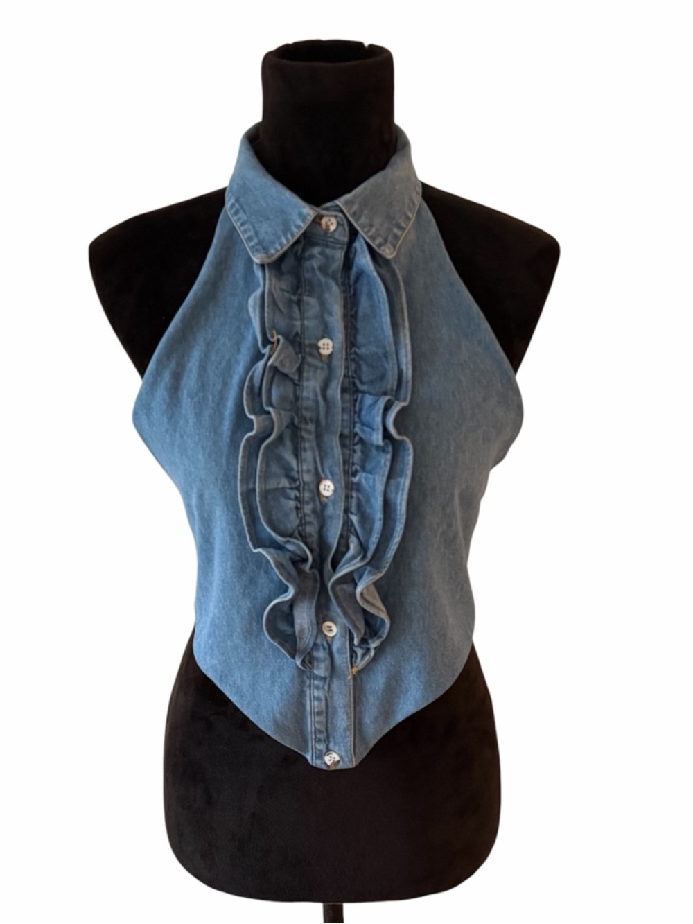 Denim Ruffle Upcycled Halter Top